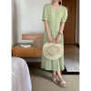 6-UP13 line new quality Korean style V-neck cinched waist puffed sleeve dress summer long dress minimalist style 68282 details Picture